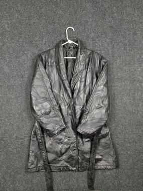 Genuine Leather Patchwork Belted Jacket Women's Black Size L